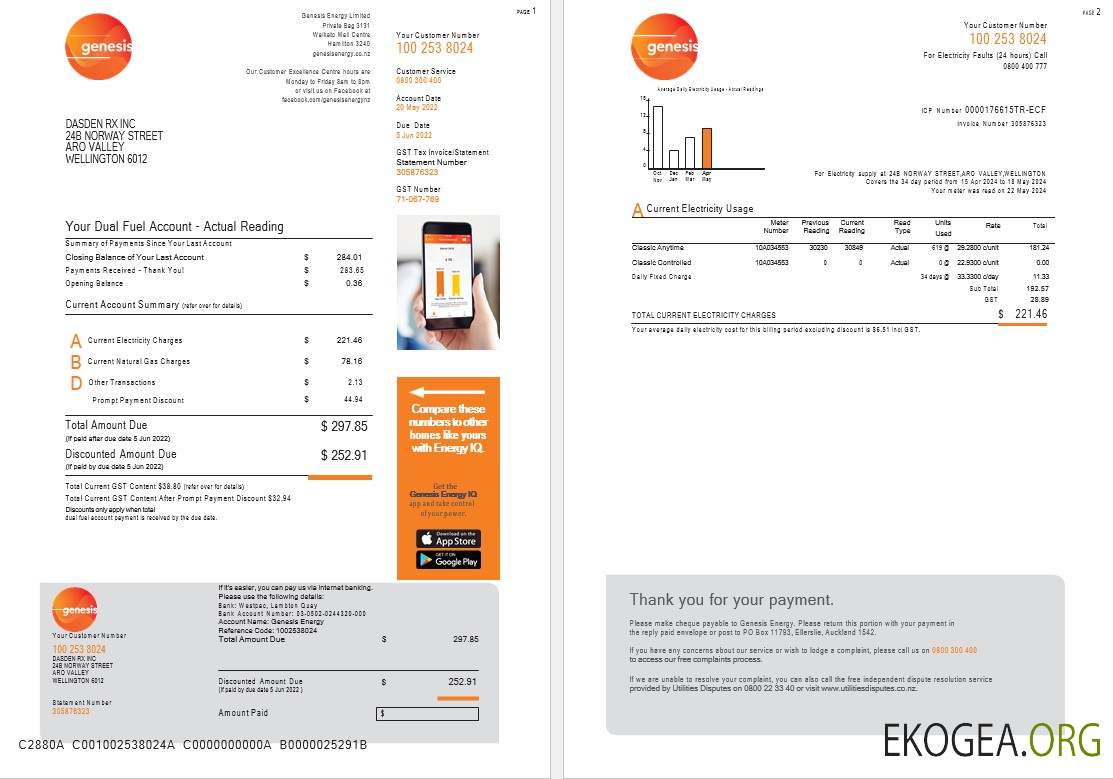 Facture 1 2 du service public néo zélandais Genesis Gas